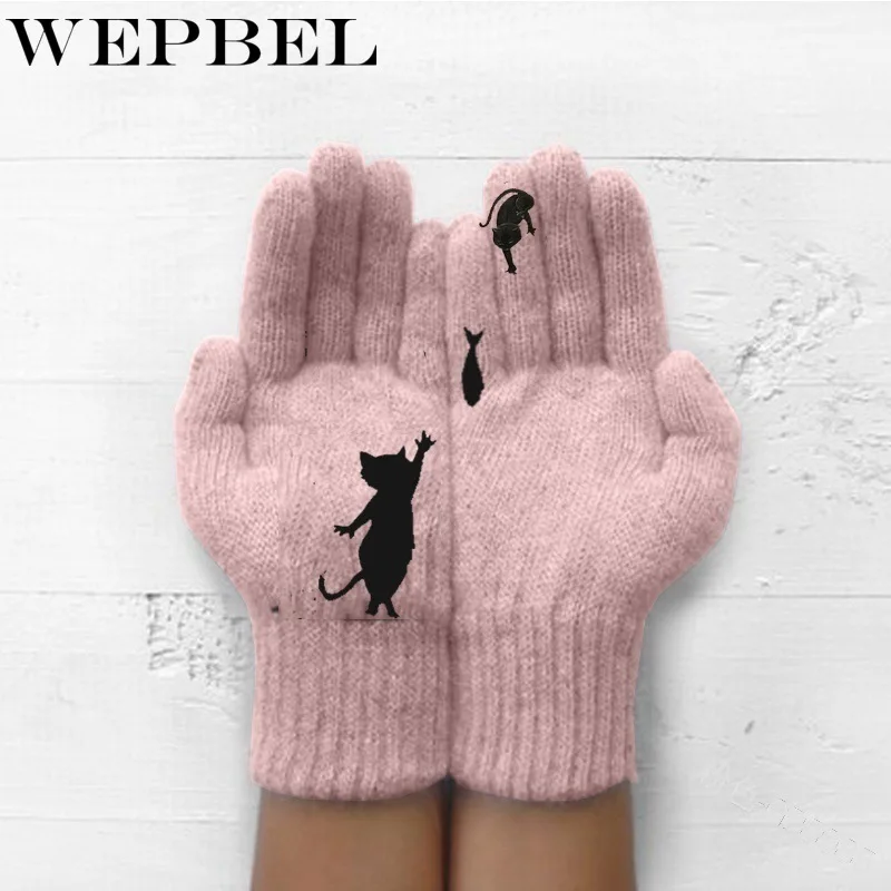 Женские осенне-зимние перчатки с мультяшным рисунком кота рыбы теплые
