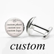 1 para niestandardowe zdjęcie firmy Logo tekst spinki do mankietów szkło Cabochon Alloy spinki do mankietów mężczyźni kolor srebrny ślubne spinki do mankietów prezent