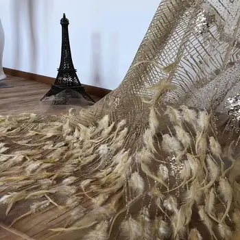 

luxury african french lace fabric with feather high quality mesh lace fabric with sequins tulle embroidery lace 5yards A-1125