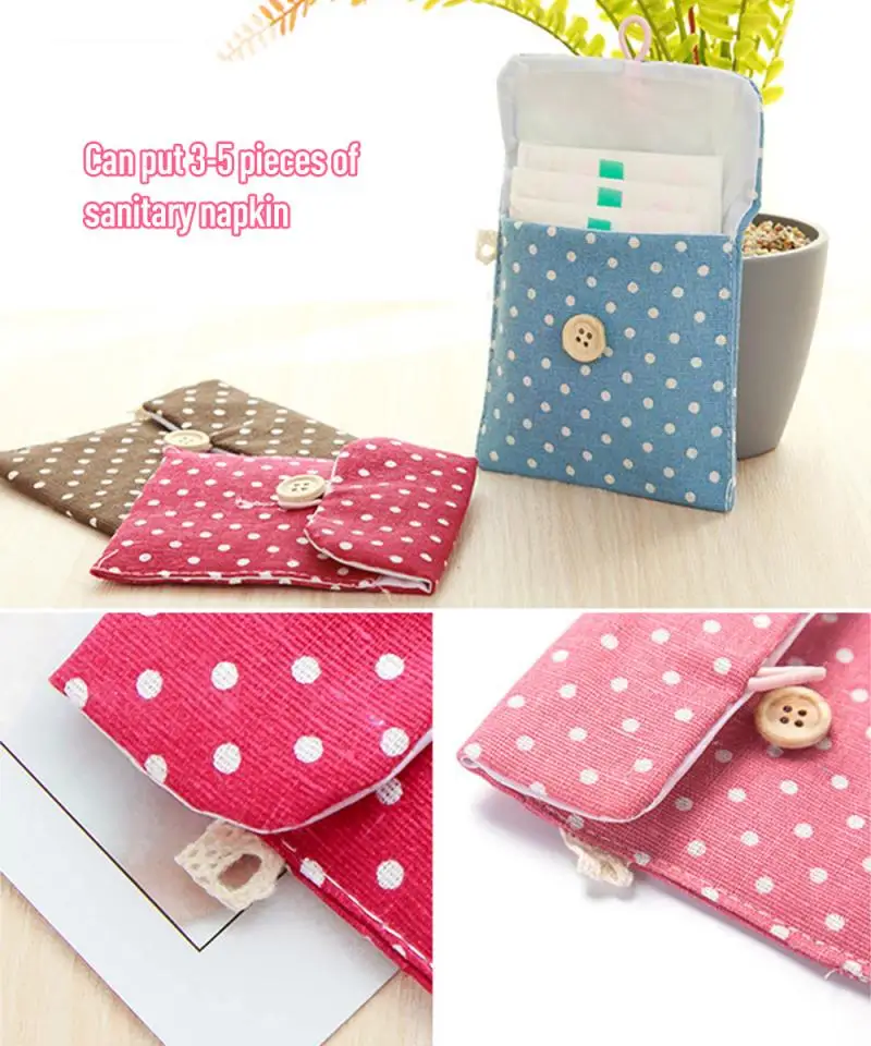

1PCS Dot Cotton Linen Sanitary Pad Bag Large Capacity Cosmetics Bag Secure Button Designed Intimate Sanitary Napkin Storage Bag
