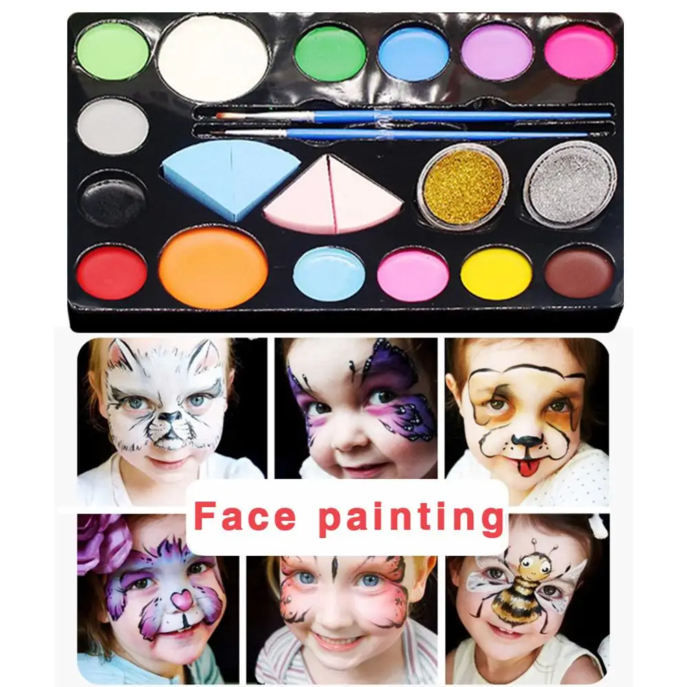 Child Makeup Set- 16 Face Paint Face Paint with 4 pcs Sponges 30 Painting Stencils 10 Brush Gift for Kids Parties& Halloween