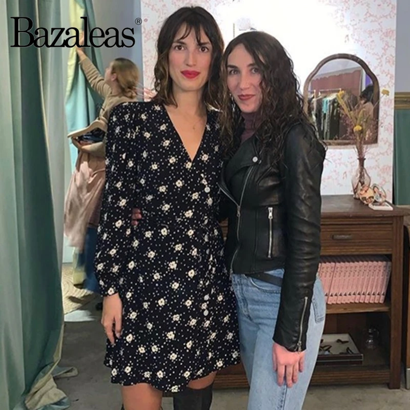Женское винтажное платье Bazaleas темно синее с длинным рукавом и цветочным принтом
