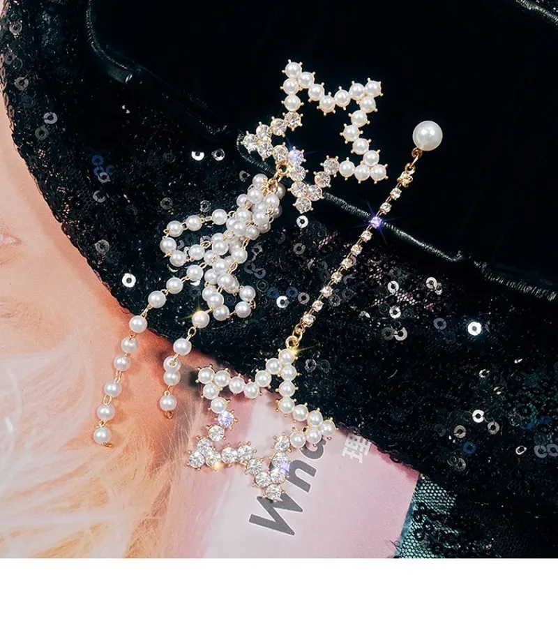 Корейские длинные серьги с жемчужными бусинами и кисточками для женщин, модные асимметричные серьги с кристаллами в виде звезд, висячие серьги, модные серьги