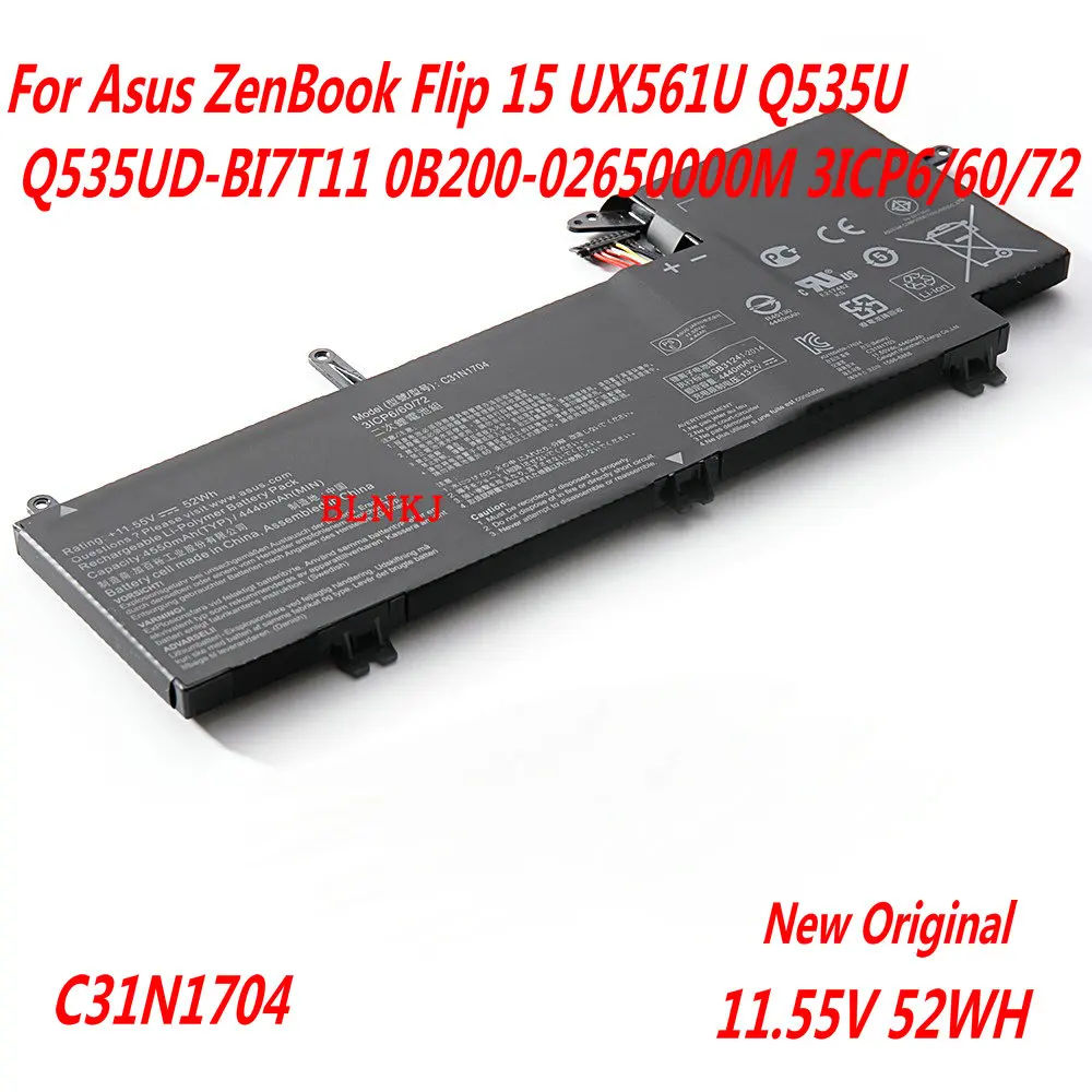 Bateria do Portátil para Asus Zenbook Flip 15 Ux561u Q535u Q535ud-bi7t11 0b20002650000m 3icp6 60 72 Alta Qualidade 11.55v 52wh C31n1704