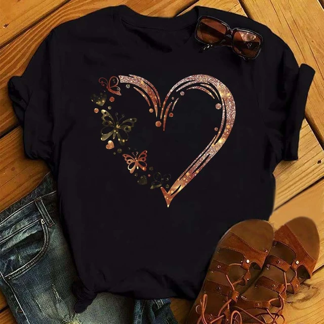 Camiseta con estampado de corazón y mariposa para mujer, ropa estampada  Harajuku, informal, cuello redondo, manga corta - AliExpress