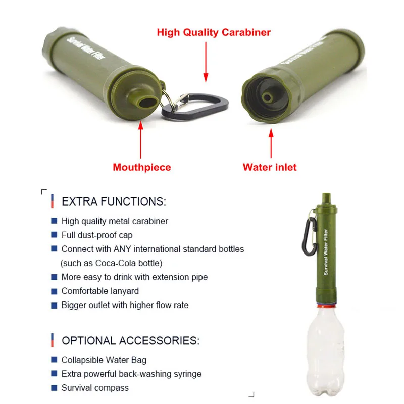 Outdoor Water Purifier Camping Hiking Emergency Life Survival Portable Personal Purifier Water Filter Straw Multifunction tools