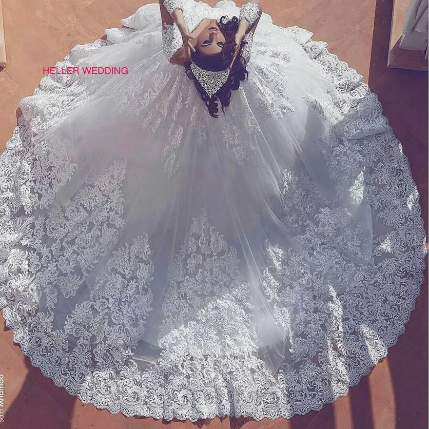 Роскошная свадебная одежда Турция глубокий v-образный вырез Часовня Поезд Кружева бисером Свадебные платья для невесты Vestido De Noiva манга Longa