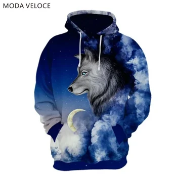 

MODAVELOCE Calm Wolf Hoodie Polyester With Wool Wolf Hoodie Blue Anime's Printed Hoodies Men 3d Sweatshirt