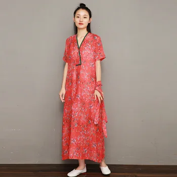 

NINI WONDERLAND High Quality Summer Print Flower Ramie Vintage Dress 2020 Women V Neck Elegant Midi Dress Female Casual Clothes