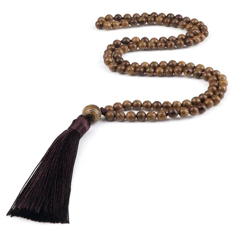 108 Beads Mala Necklace Meditation Prayer 6mm Wooden Bead Brown Tassel Handmade Women Men Necklace Healing Yoga Jewelry Gift