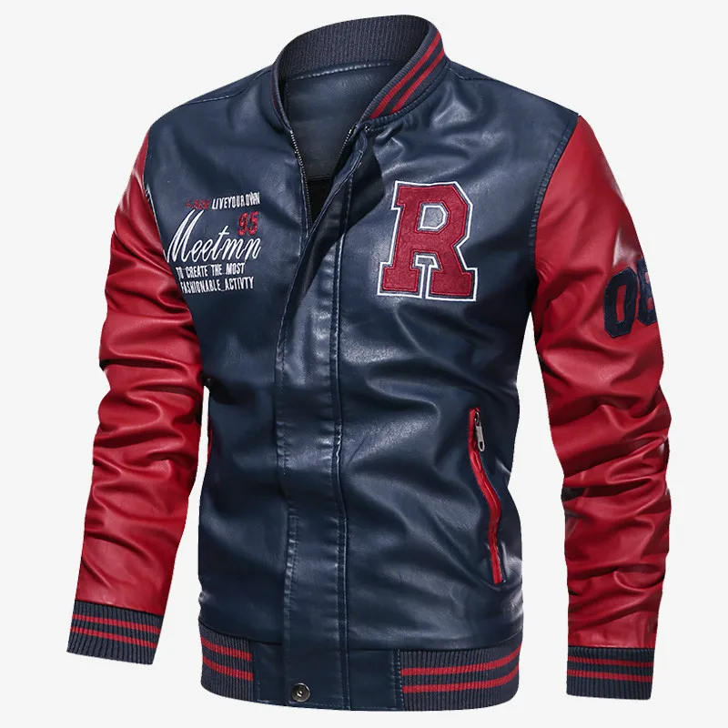 

Leather Jacket Men Bomber Baseball Jacket Biker Pu Coat Faux Pilot Varsity Fleece College Top Leather Black Slim Fit Motorcycle