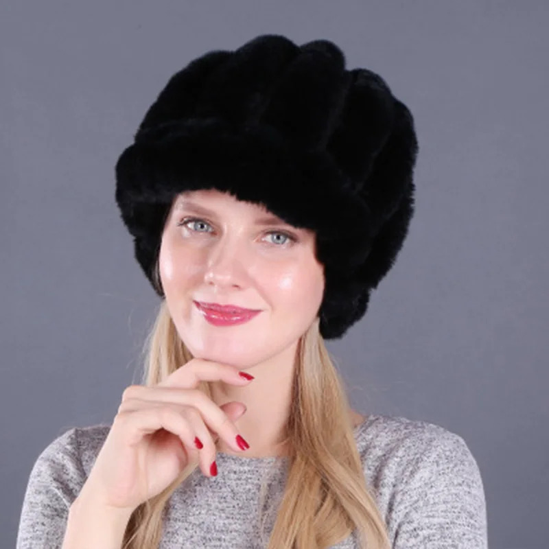 Шапка из искусственного кролика рекс с помпоны из лисьего меха, шапка для женщин, утепленные женские меховые шапки, женские зимние вязаные шапки из искусственного меха кролика рекс