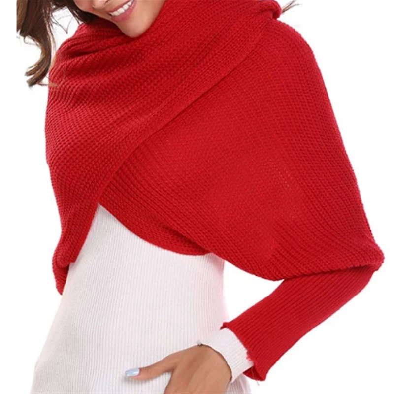 

Women Winter Warm Soft Knitting Wool Long Sleeve Wrap Winter Crochet Knitted Scarf Shawl with Sleeves