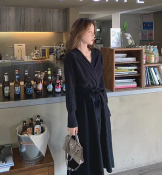 

Early Autumn WOMEN'S Dress 2020 New Style Fashion Slimming V-neck Long Sleeve Lace-up Waist Hugging Knitted Mid-length A- line D