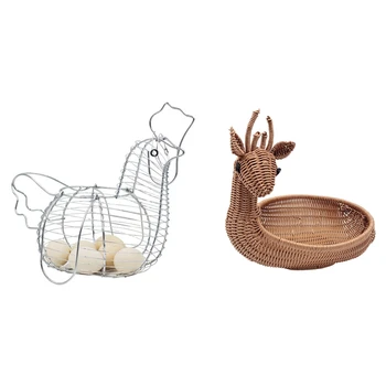 

Chicken Shaped Iron Wire Eggs/Vegetables/Fruits Collection Basket & Rattan Woven Fruit Basket