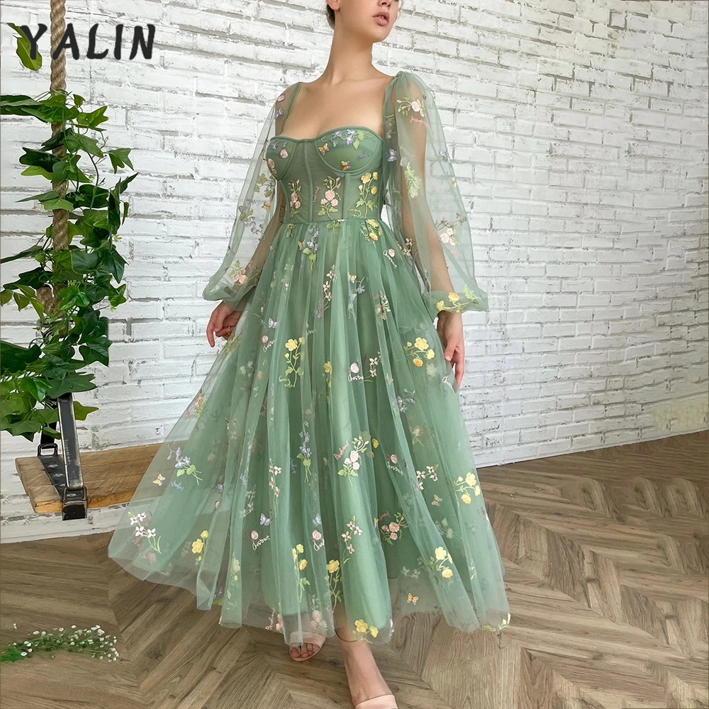 

YALIN Green Square Collar Midi Prom Dresses Illusion Puff Sleeves Tea-Length Tulle Wedding Party Dresses Formal Gowns 2022