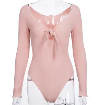 

Spring V-neck sexy long sleeve solid color jumpsuit