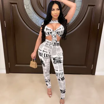 

2020 New Summer Women Sexy Print 2 Two Piece Set Crop Top High Rise Skinny Pants Matching Sets Wear Body-con Club Party Outfit