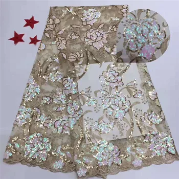 

2019 Latest Golden sequined lace fabric French Nigerian Tulle Lace Fabrics High Quality sequin African Lace Fabric Wedding Dress