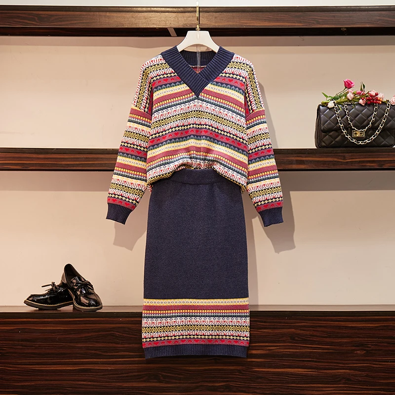 

Plus Size 4XL Knit Vintage Striped Long Sleeve V-Neck Loose Pullover Sweaters Tops + Elastic Waist Knit Skirts Women Autumn Sets