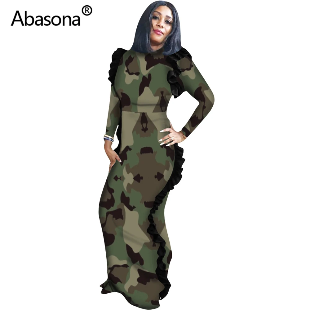 Abasona, Осень-зима, сексуальное женское платье с леопардовым камуфляжным принтом, облегающее длинное платье с разрезом и оборками, вечерние платья для ночного клуба