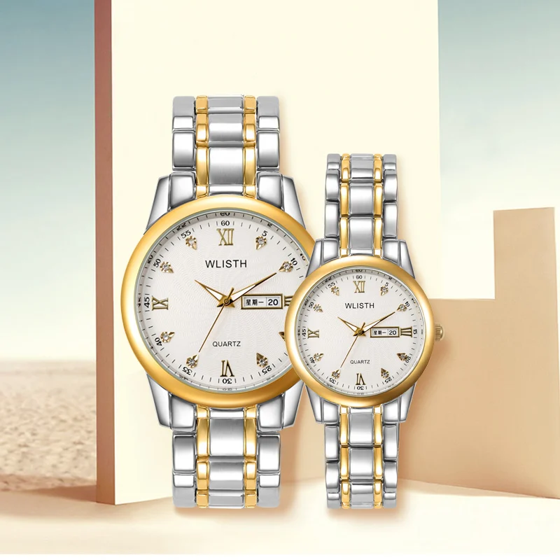 

Steel band couple men and women 2020 new luminous waterproof trend casual diamond double calendar quartz watch