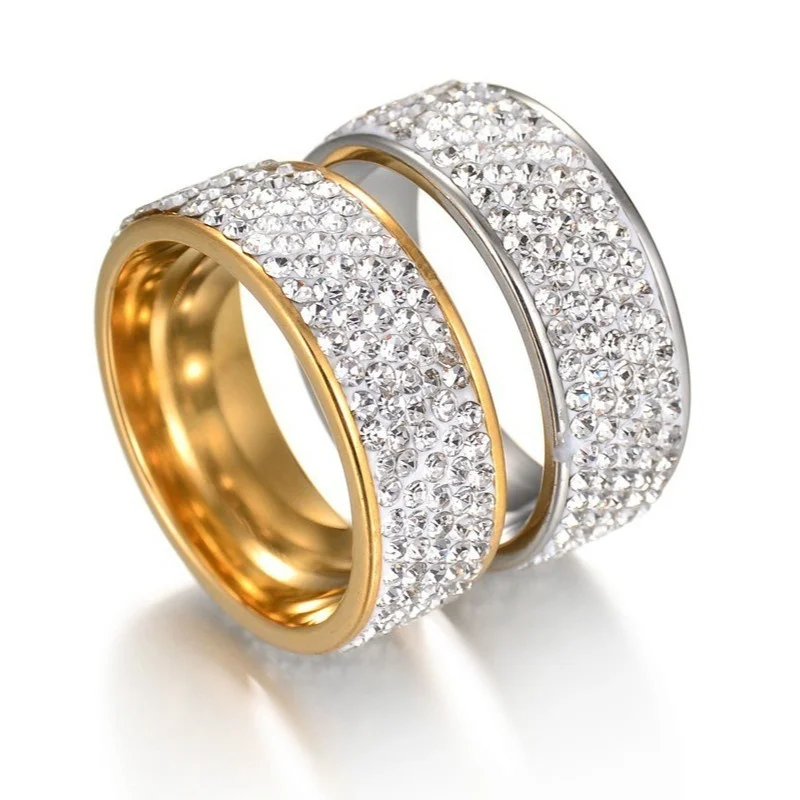 

Girl Boy Rings Allergy Free Silver Gold 5 Row Lines Clear Glittering Crystal 1PC Rhinestone Stainless Steel Ring Fashion Jewelry