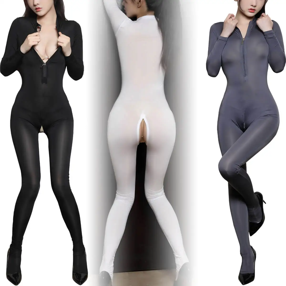 

Metelam Women's Semi Sheer Silky Long Sleeve Footed Leotard Jumpsuit Bodystocking Crotch Zipper Bodysuit Lingerie Catsuit