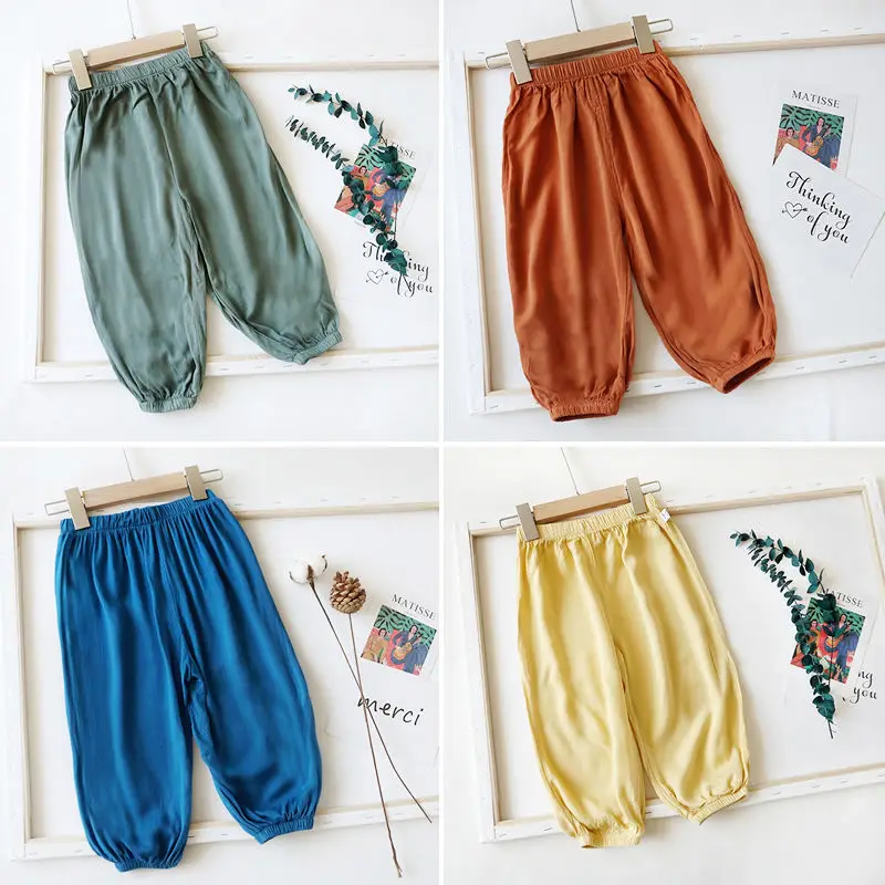 Thin Ice Silk Cotton linen Child Pajamas Pants kid Solid Boys Girls Home Pants Summer Anti-mosquito Bites Kids Children Trousers