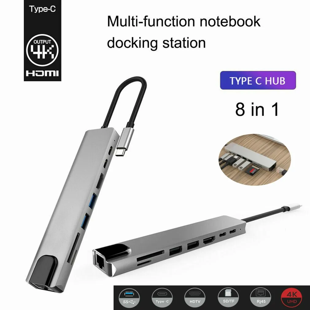8 в 1 usb-хаб C концентратор для Мульти USB 3,0 адаптер док-станция для MacBook Pro Аксессуары USB-C type C RJ45 Ethernet Micro SDTF OTG адаптер