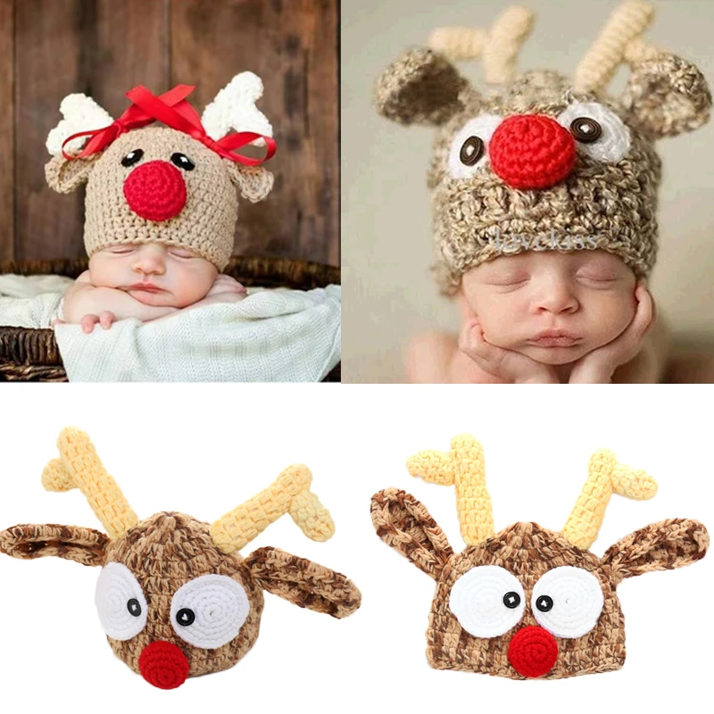 Christmas Baby Hat Adorable Reindeer Hand Crochet Beanie Newborn Boy Girl Knitting Hats Photo Props Knitted Bonnet Xmas Santa