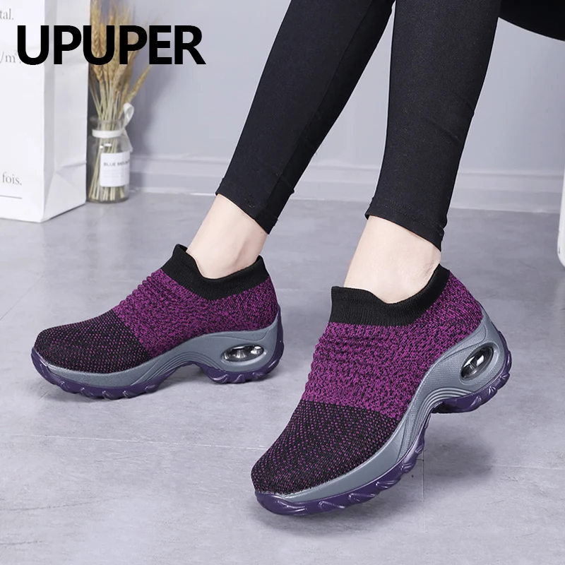 

UPUPER Breathable Mesh Women's Shoes Cushioning Fly-knit Platform Sneakers Flats Silp-on Socks Shoes Woman Large Size 35-42