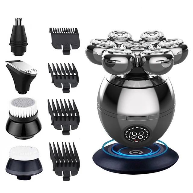 7D Floating Cutter Head Base Charging Portable Electric Shaver Men Beard Trimmer Clipper Skull Shaver Waterproof Shaving Machine BLACK 5 IN 1