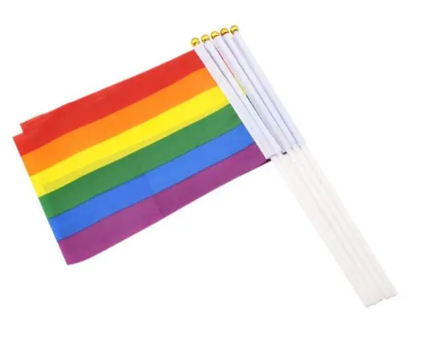 

14*21cm Gay Pride Flag Lesbian LGBT Colorful Rainbow Hand Waving Banners With Plastic Flagpoles