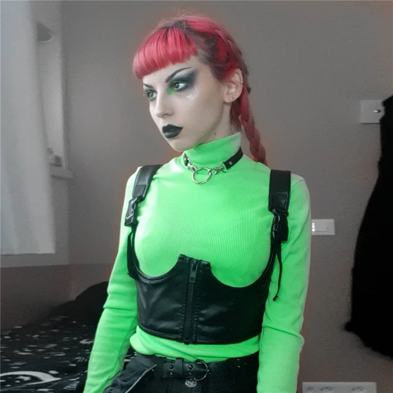 Darlingaga Streetwear Punk PU Leather Crop Top Women Buckle Zipper Gothic Tank Top Suspenders Strap Summer Tops Camisole Clothes