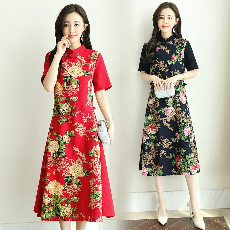 

2019 Spring And Summer New Style Cotton Linen Retro Cheongsam Dress