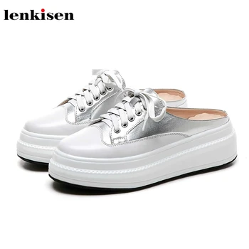 

Lenkisen slingback round toe high heels bottom mixed colors campus comfortable cow leather lace up women vulcanized shoes L30