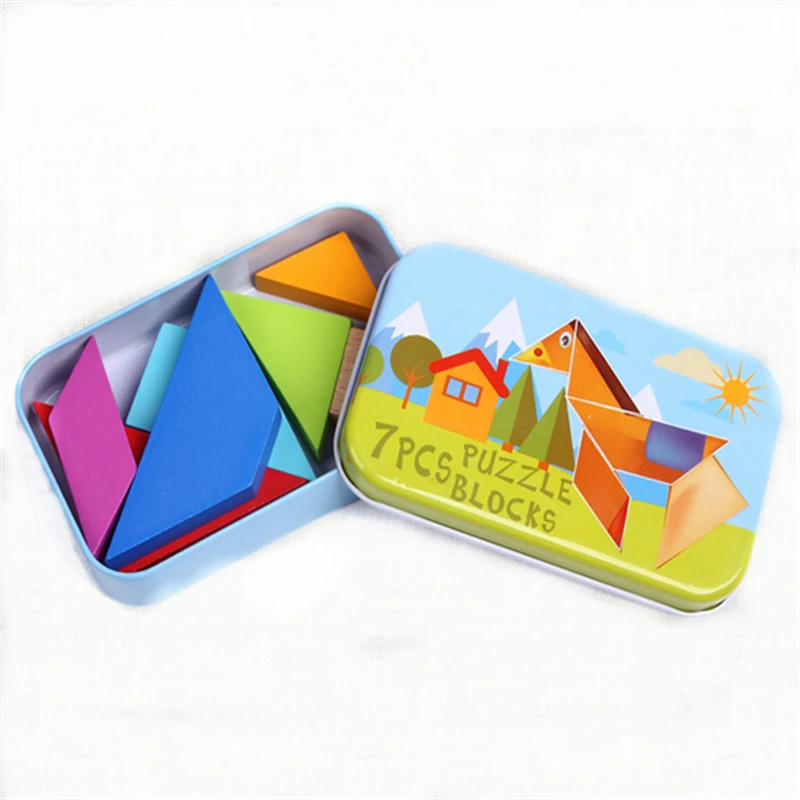 Деревянный пазл Набор Классическая Геометрическая Форма Tangram деревянная головоломка железная коробка детская танграмма головоломка игрушки развивающий подарок