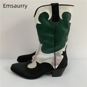 

Women Size 38 Genuine Leather Mixed Color Boots Sexy Point Toe Med Thick Heel Patchwork Autumn Winter Boots Women