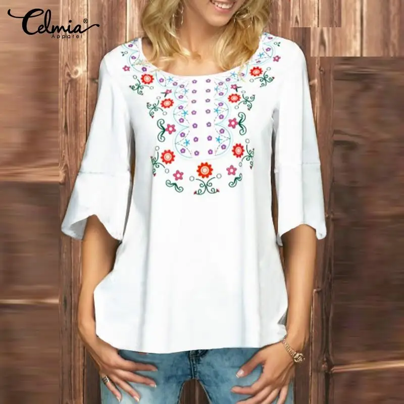 

2019 Summer Tops Tunic Women Vintage Floral Print Blouses Celmia Fashion Back Pleated Shirts Casual Loose Blusas Mujer Plus Size