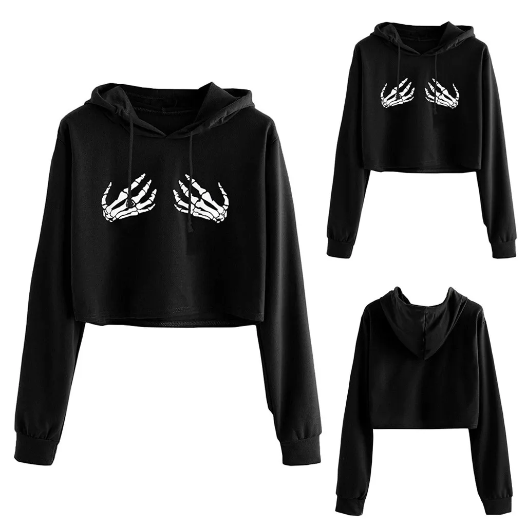 JAYCOSIN Fashion Women Casual Simple Sweatshirt Halloween Ghost Claw Print Long Sleeve Comfortable Popular Soft Crop Top Hoodie