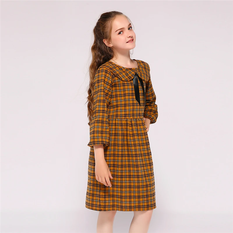 Kseniya Kids Wholesale Peter Pan Collar Bow Plaid Girl Dress Long Sleeve For 2 to 9 Years