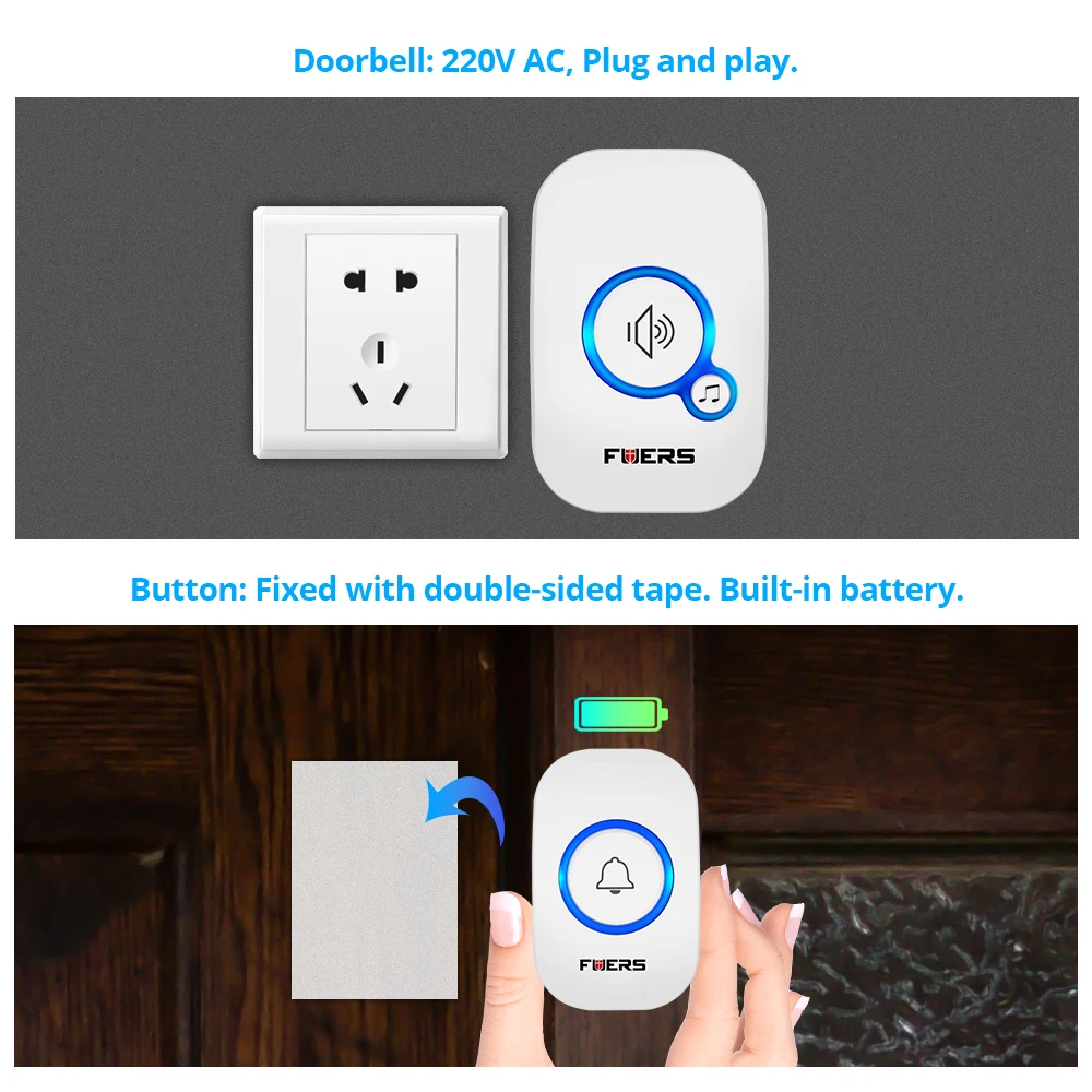Fuers Wireless Doorbell Home Security Pir Motion Welcome Chime Door Sensor Sound Alarm 32 Song Smart Doorbell Ring Touch Button