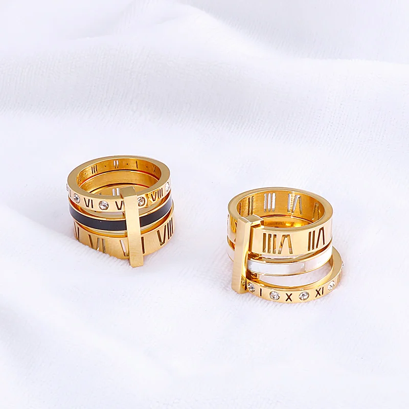Anelli in acciaio inossidabile con conchiglia alla moda per donne Ragazze Tre strati Numeri romani Strass Anelli da sposa da donna Gioielli - immagine 4