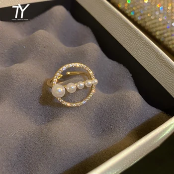 Design Sense Round Pearl Gold Opening Rings For Woman 2021 New Gothic Korean Fashion Jewelry Wedding Party Girl's Sexy Ring Set