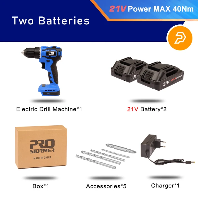 20V/21V Brushless Electric Drill 40NM/45NM Cordless Screwdriver Li-ion Battery Mini Electric Power Drill 5pcs Bit By PROSTORMER PTET00302A