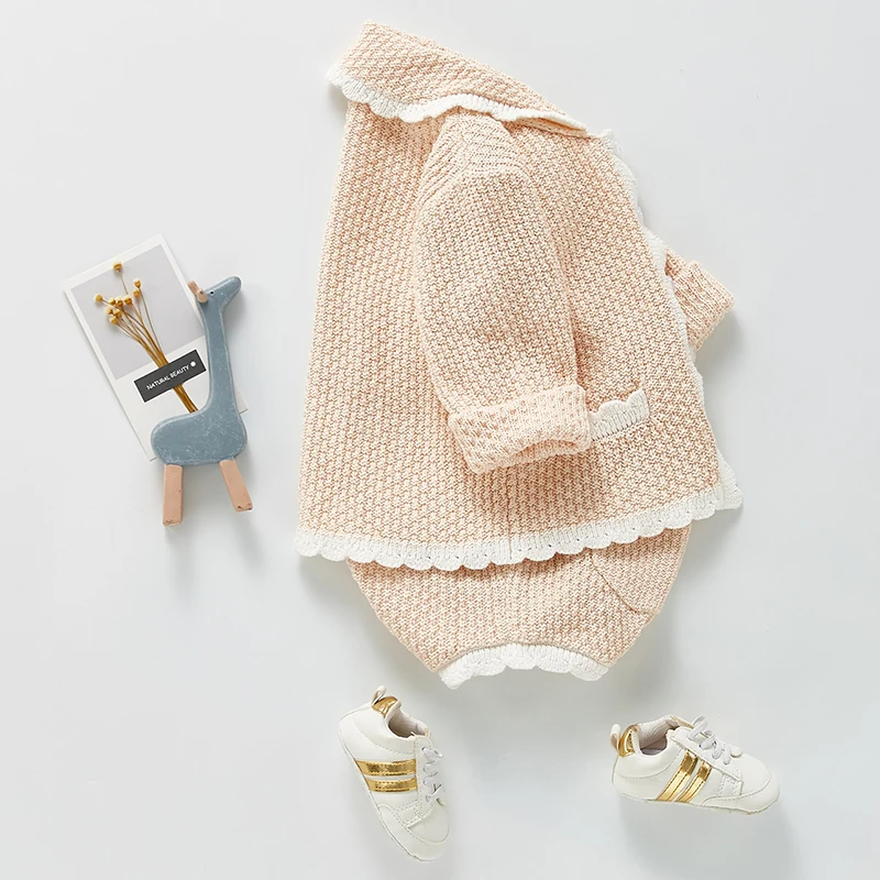 0-3Yrs Toddler Baby Girl Knitting Clothes Set Spring Autumn Solid Color Hollow Out Cardigan Coat+Romper Newborn Baby Clothes Set