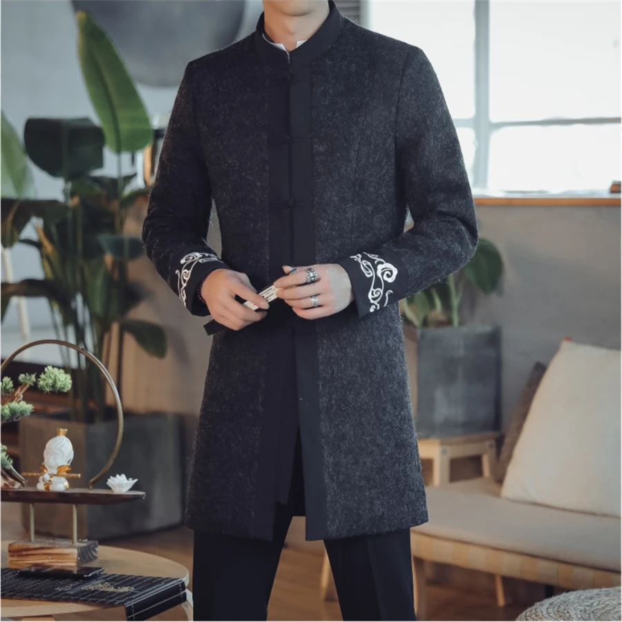 中国レトロスタイルのメンズ立襟黒グレービジネスカジュアルウールのコートの男ロングジャケットクラシック男性刺繍トップス ウール混紡 Aliexpress