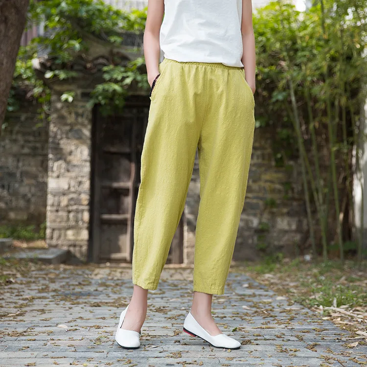Johnature Loose Comfortable Solid Color Pockets Elastic Waist All-match Calf-length Pants 2020 Autumn New Women Straight Pants