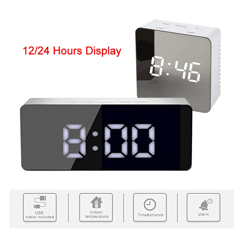LED Digital Alarm Clock Night Light Thermometer Display Mirror Snooze 12/24H